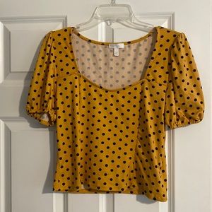 Polka Dot Puff Sleeve Crop Top In Yellow- Black Dot